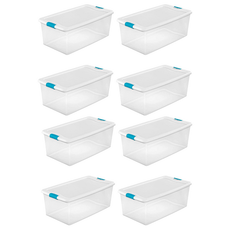 Sterilite 14998004 106 Quart White/Clear Plastic Storage Box With Blue Aquarium Latches (8 Pack)