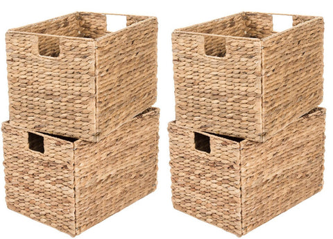 4 Decorative Hand-Woven Small Water Hyacinth Wicker Storage Basket,  13x11x11 Perfect for Shelving Units