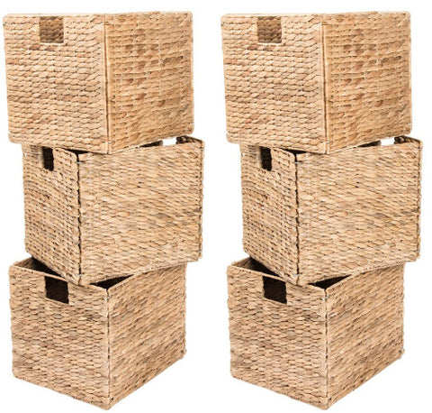 6 Decorative Hand-Woven Small Water Hyacinth Wicker Storage Basket, 13x11x11 Perfect for Shelving Units