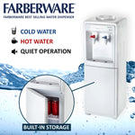 Farberware FW29911 Freestanding Hot and Cold Water Cooler Dispenser,-Top Loading Freestanding Water Dispenser with Storage Cabinet, White