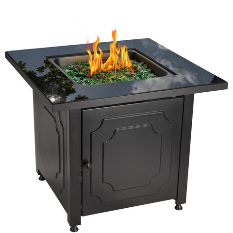 Endless Summer Propane Fire Pit Table 30 Inch Outdoor Gas Fire Pit, 50,000 BTU with Black Glass Top, Cover, Lid and Green Fire Glass, Add Warmth and Ambiance to Your Backyard, Patio, Deck