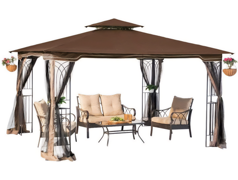 Sunjoy Regency 10x12 Gazebo with Mosquito Netting, Plant Rings, Corner Shelves, Ground Stakes and Center Hook