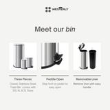 Westerly 3 Pcs Premium Stainless Steel Trash Bin Set - 30L, 5L, 3L