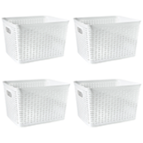 Plastic Storage Basket with Handles 13.7" W x 11.4" L x 8.5" H, White (4-Pack)