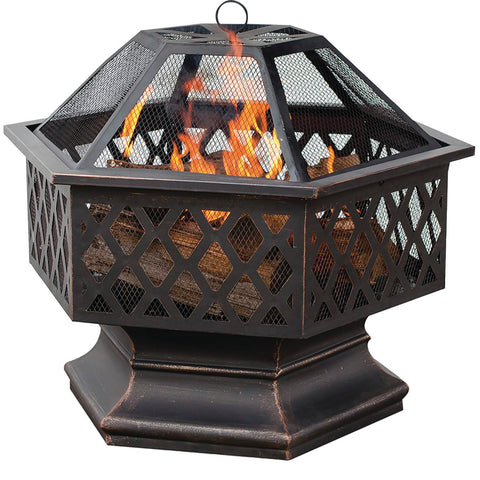 Endless Summer 28" Outdoor Wood Burning Fire Pit with Lattice, Mesh Guard, Oil Rubbed Bronze, Steel Construction