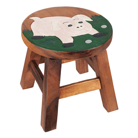 Multi Animal Design Acacia Hardwood Decorative Short Stool Kid by Westerly (Pig)