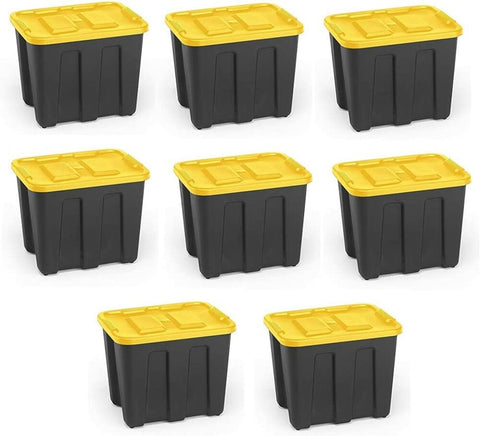 HOMZ Durabilt Heavy Duty 18 Gallon Plastic Organizer Storage Bins with Lids and Handles, Black and Yellow, Pack of 8