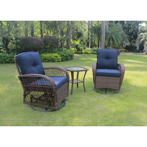 Westerly 3 Pieces Outdoor Wicker Swivel Patio Set, Includes 2 Swivel Rocking Patio Chairs, Tempered Glass Side Table and Removable Fabric Cushions for Outside, Yard, Garden, Balcony