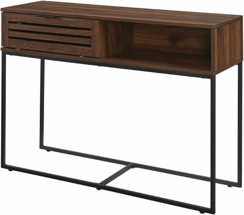 Walker Edison Modern Slatted Wood Rectangle Entryway Accent Table with Drawer Living Room Storage Entry End Table, 42 Inch, Dark Walnut
