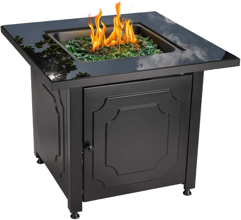 Endless Summer Propane Fire Pit Table 30 Inch Outdoor Gas Fire Pit, 50,000 BTU with Black Glass Top, Cover, Lid and Green Fire Glass, Add Warmth and Ambiance to Your Backyard, Patio, Deck